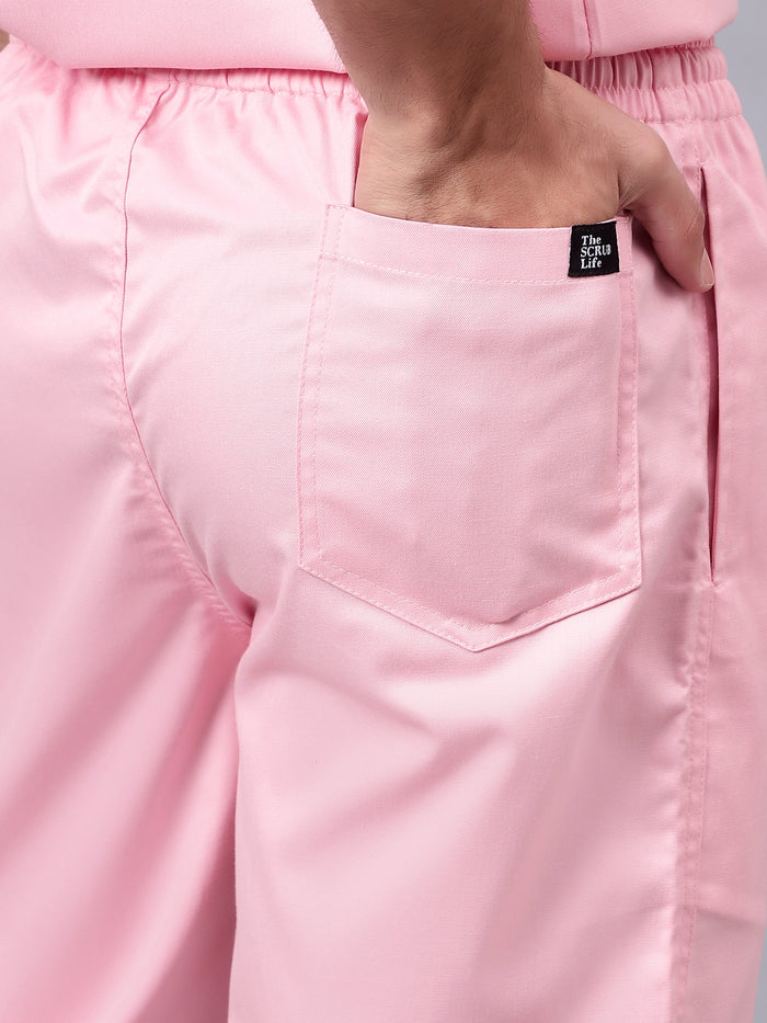 Stretchable (2Way) Men Powder Pink Mandarin Neck With Jogger Scrub Set