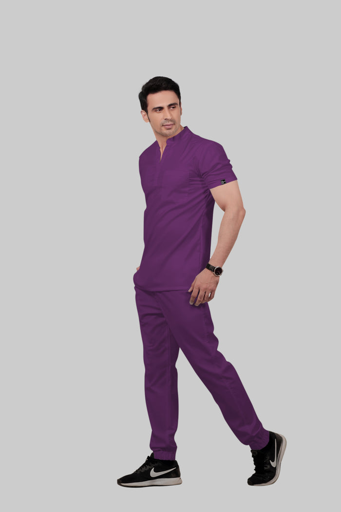 Stretchable (2Way) Men Purple Mandarin Neck With Jogger Scrub Set