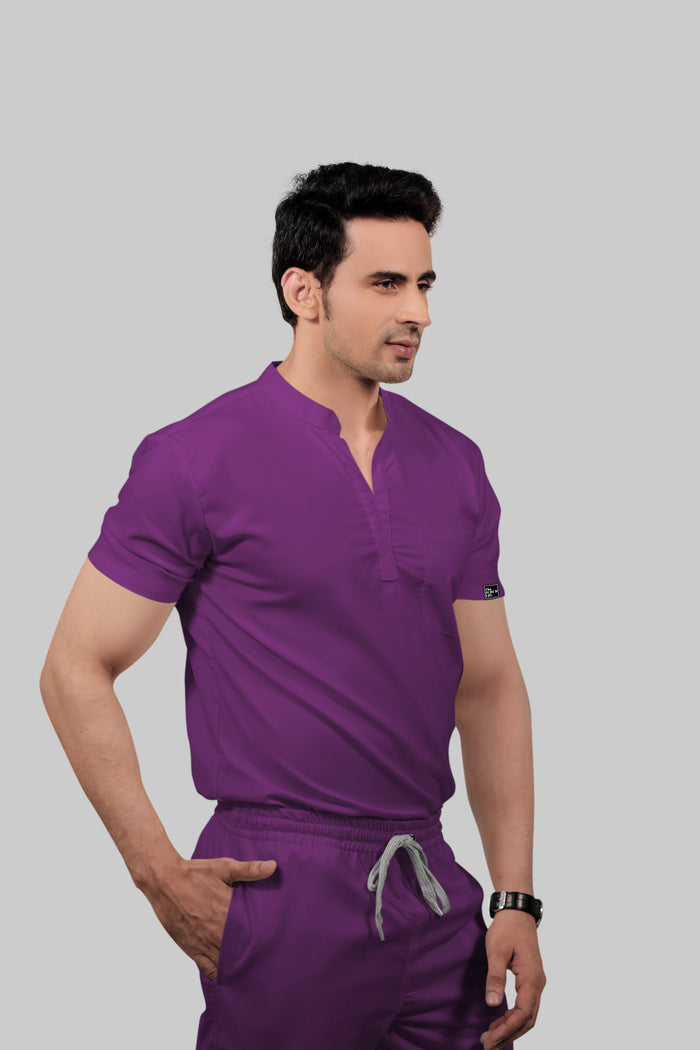 Stretchable (2Way) Men Purple Mandarin Neck With Jogger Scrub Set