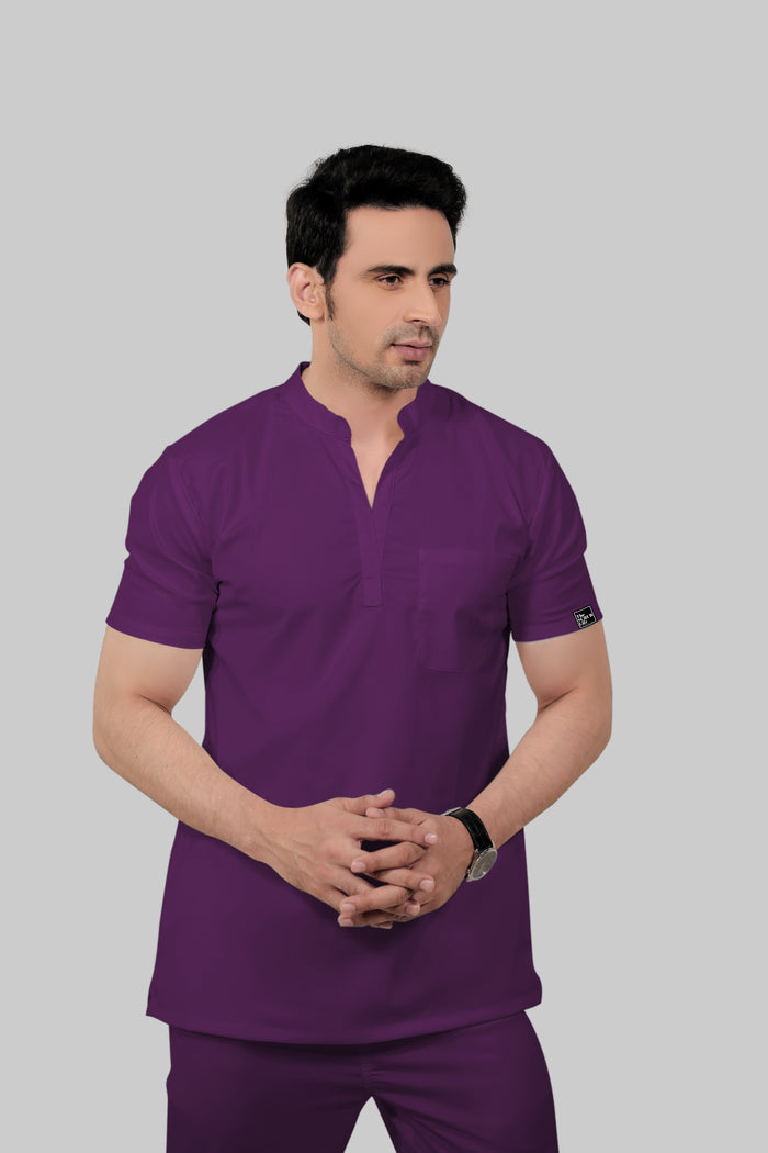 Stretchable (2Way) Men Purple Mandarin Neck With Jogger Scrub Set