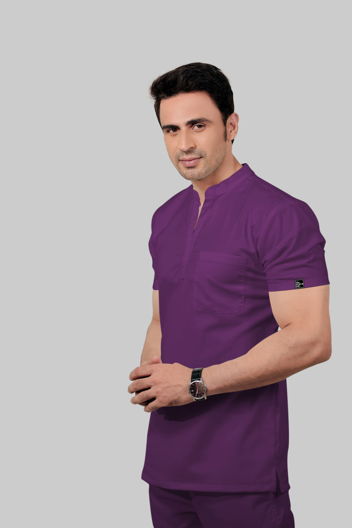 Stretchable (2Way) Men Purple Mandarin Neck With Jogger Scrub Set