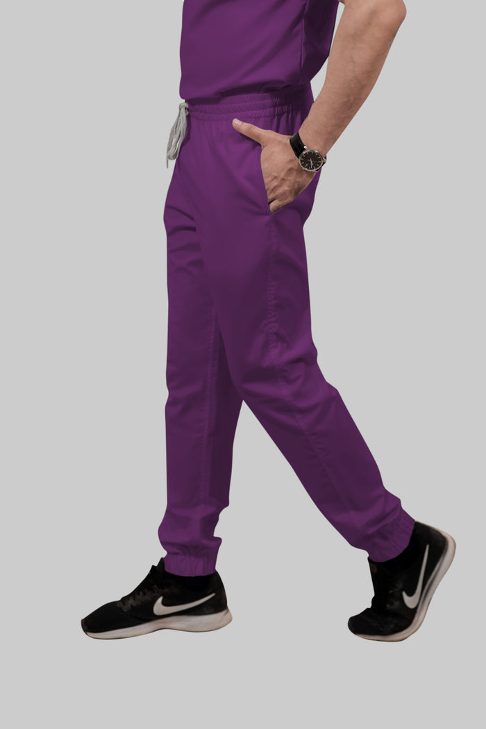 Stretchable (2Way) Men Purple Mandarin Neck With Jogger Scrub Set