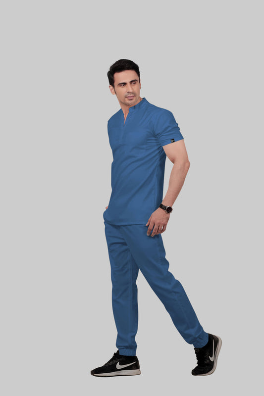 Stretchable (2Way) Men Steel Blue Mandarin Neck With Jogger Scrub Set