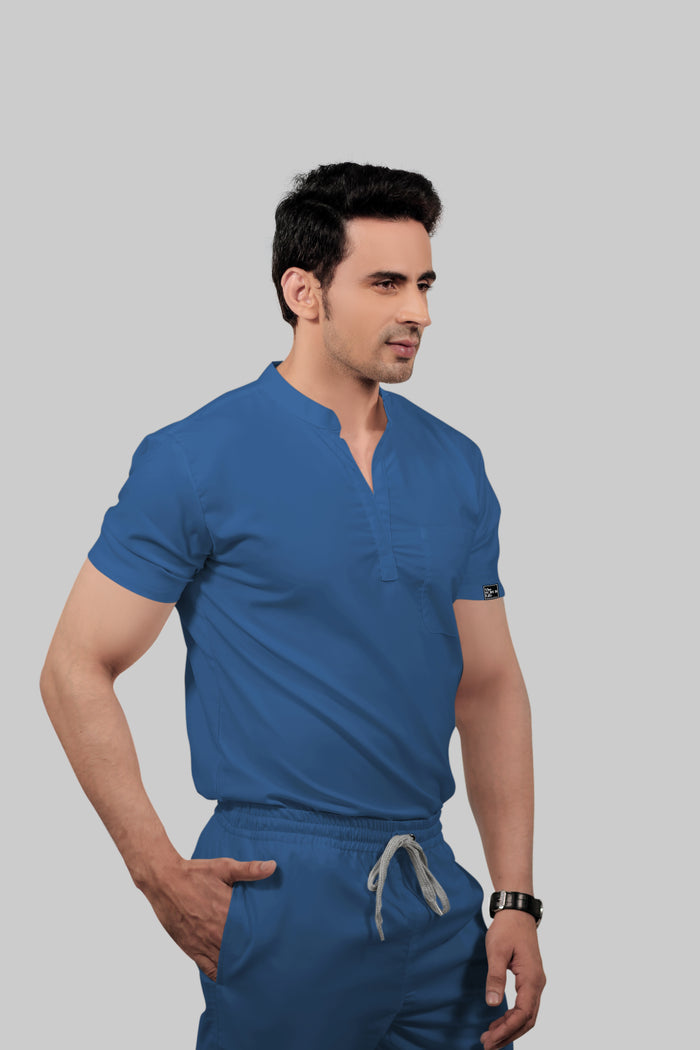Stretchable (2Way) Men Steel Blue Mandarin Neck With Jogger Scrub Set
