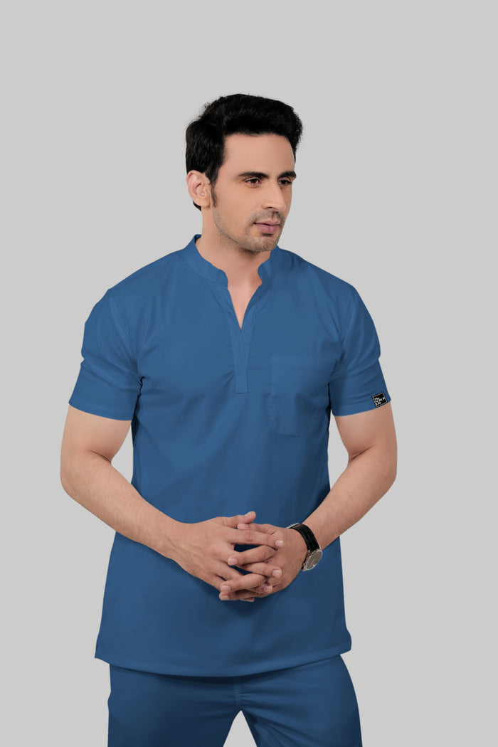 Stretchable (2Way) Men Steel Blue Mandarin Neck With Jogger Scrub Set