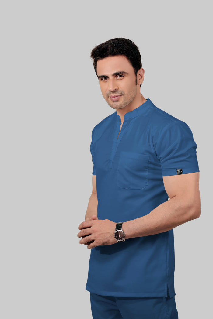 Stretchable (2Way) Men Steel Blue Mandarin Neck With Jogger Scrub Set