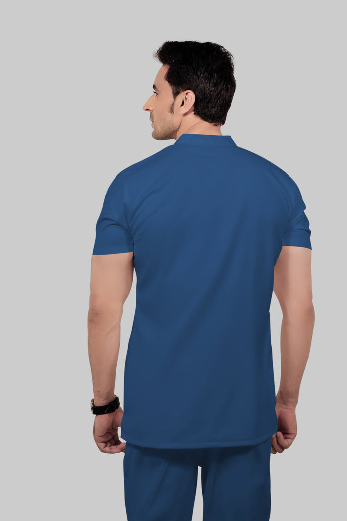 Stretchable (2Way) Men Steel Blue Mandarin Neck With Jogger Scrub Set