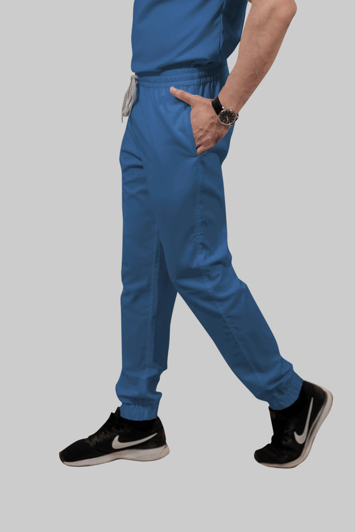 Stretchable (2Way) Men Steel Blue Mandarin Neck With Jogger Scrub Set