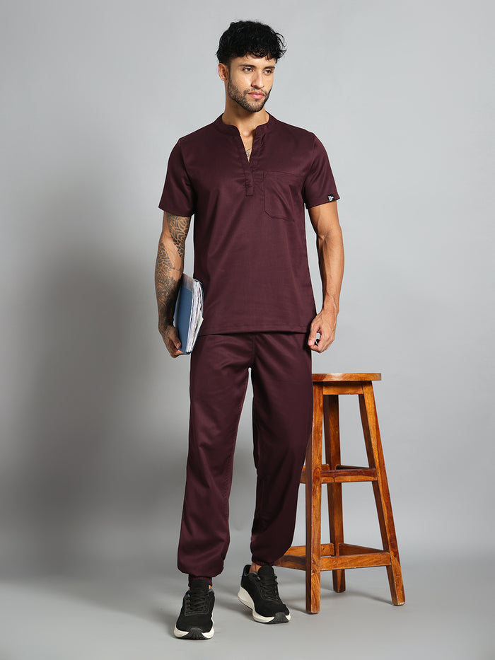 Stretchable (2Way) Men Wine Mandarin Neck With Jogger Scrub Set