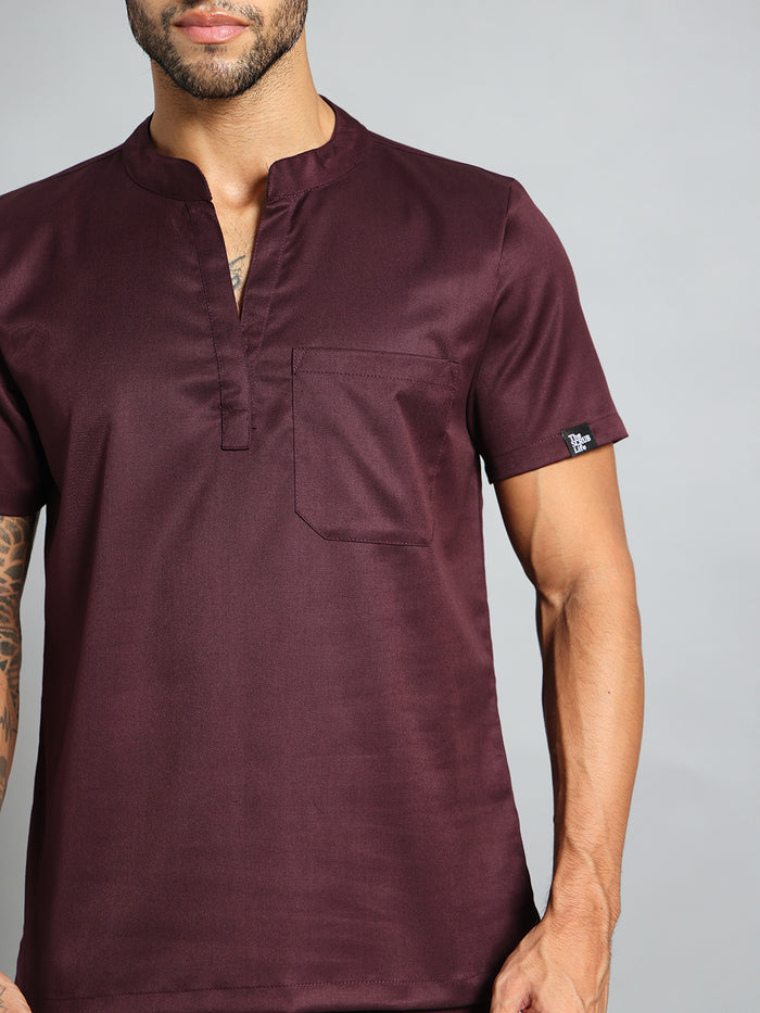Stretchable (2Way) Men Wine Mandarin Neck With Jogger Scrub Set