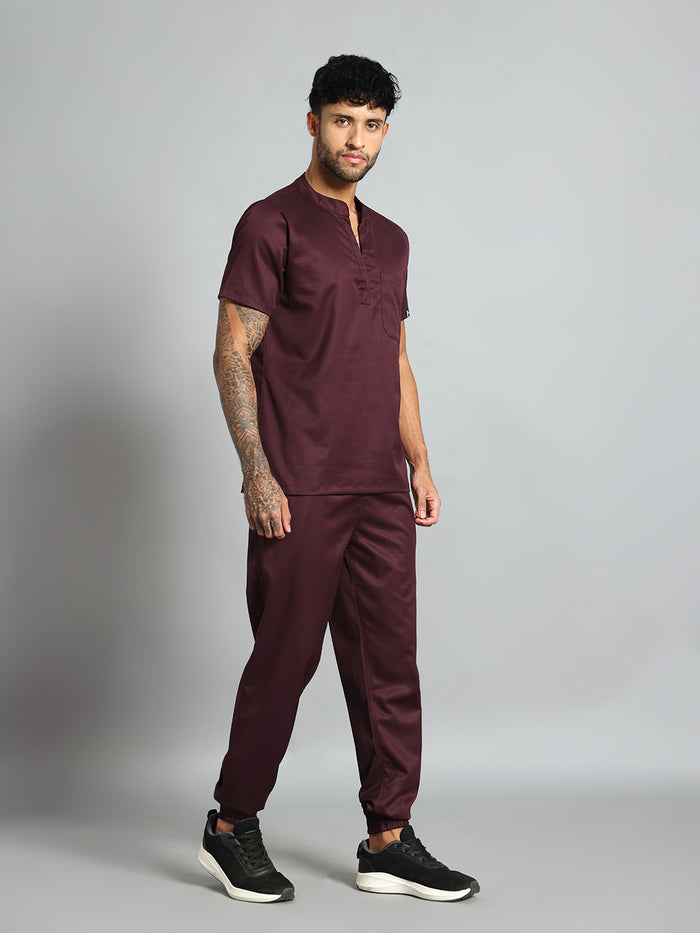 Stretchable (2Way) Men Wine Mandarin Neck With Jogger Scrub Set