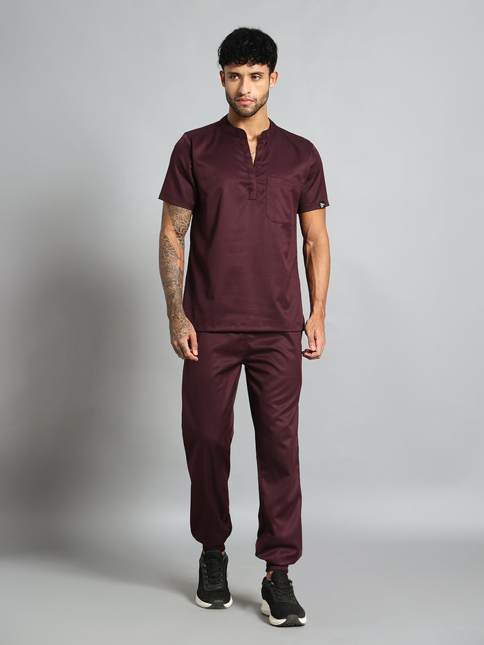 Stretchable (2Way) Men Wine Mandarin Neck With Jogger Scrub Set