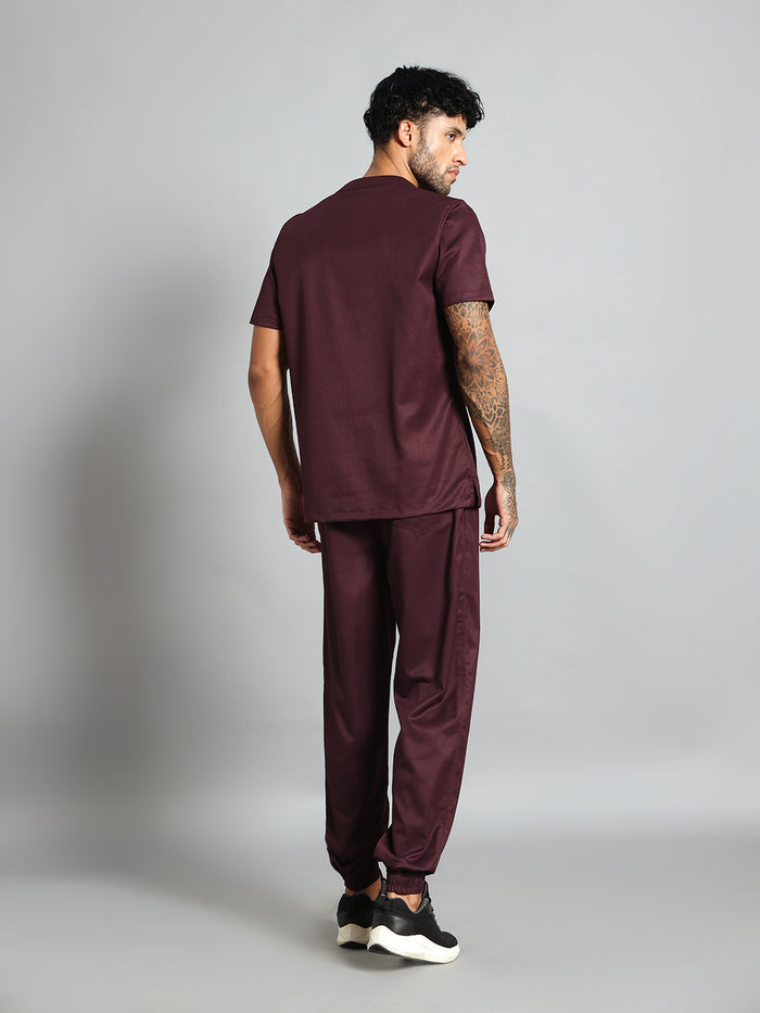 Stretchable (2Way) Men Wine Mandarin Neck With Jogger Scrub Set