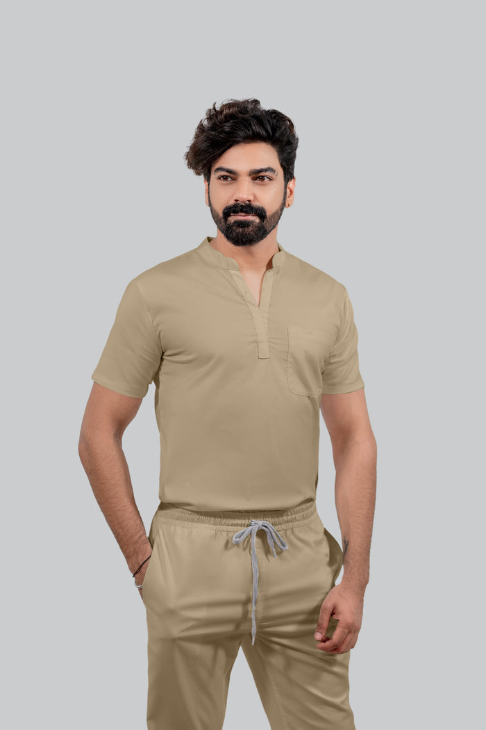 Stretchable (4Way) Men Beige Mandarin Neck with Jogger Scrub Set
