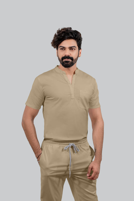 Stretchable (4Way) Men Beige Mandarin Neck with Jogger Scrub Set