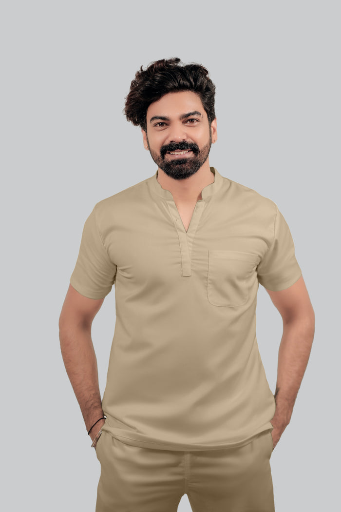 Stretchable (4Way) Men Beige Mandarin Neck with Jogger Scrub Set