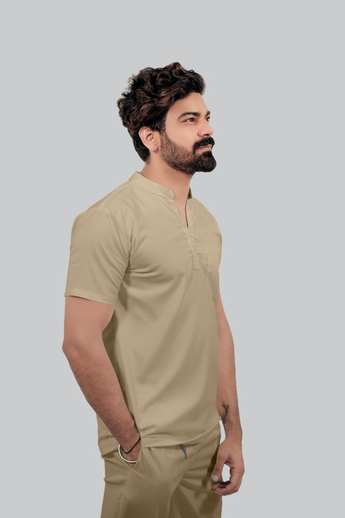 Stretchable (4Way) Men Beige Mandarin Neck with Jogger Scrub Set