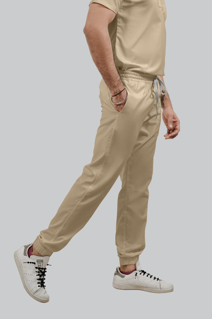 Stretchable (4Way) Men Beige Mandarin Neck with Jogger Scrub Set