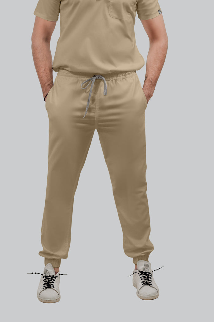 Stretchable (4Way) Men Beige Mandarin Neck with Jogger Scrub Set