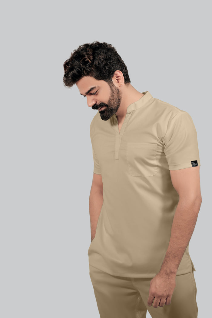 Stretchable (4Way) Men Beige Mandarin Neck with Jogger Scrub Set