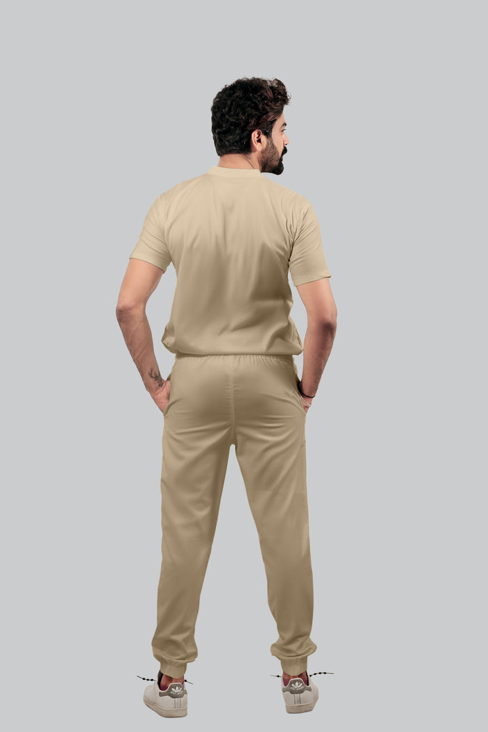 Stretchable (4Way) Men Beige Mandarin Neck with Jogger Scrub Set
