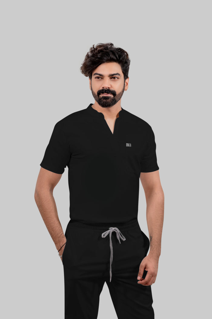 Stretchable (4Way) Men Black Mandarin Neck with Jogger Scrub Set