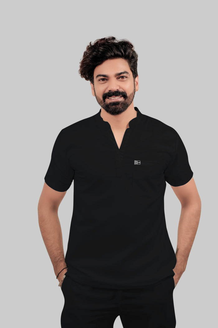 Stretchable (4Way) Men Black Mandarin Neck with Jogger Scrub Set