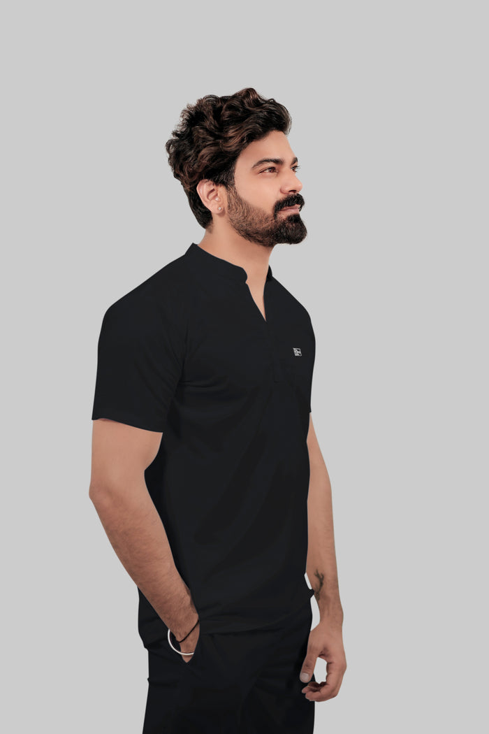 Stretchable (4Way) Men Black Mandarin Neck with Jogger Scrub Set