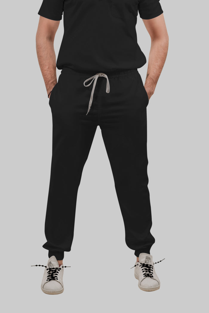Stretchable (4Way) Men Black Mandarin Neck with Jogger Scrub Set