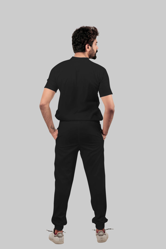 Stretchable (4Way) Men Black Mandarin Neck with Jogger Scrub Set