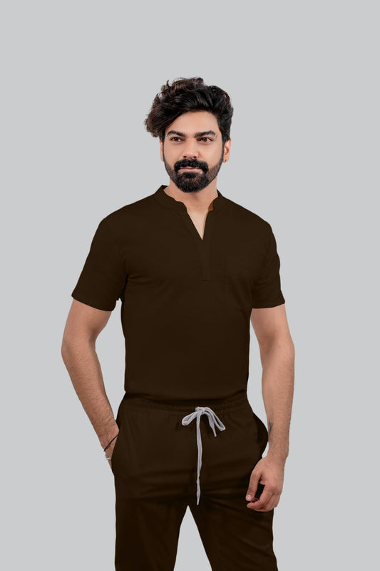 Stretchable (4Way) Men Brown Mandarin Neck with Jogger Scrub Set