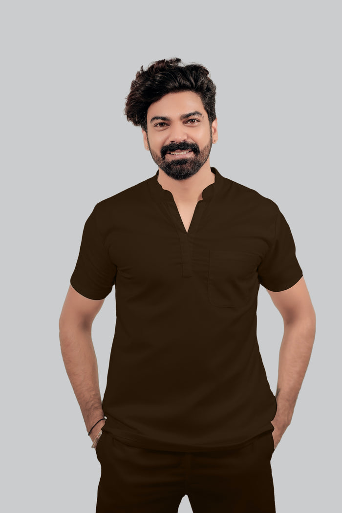 Stretchable (4Way) Men Brown Mandarin Neck with Jogger Scrub Set