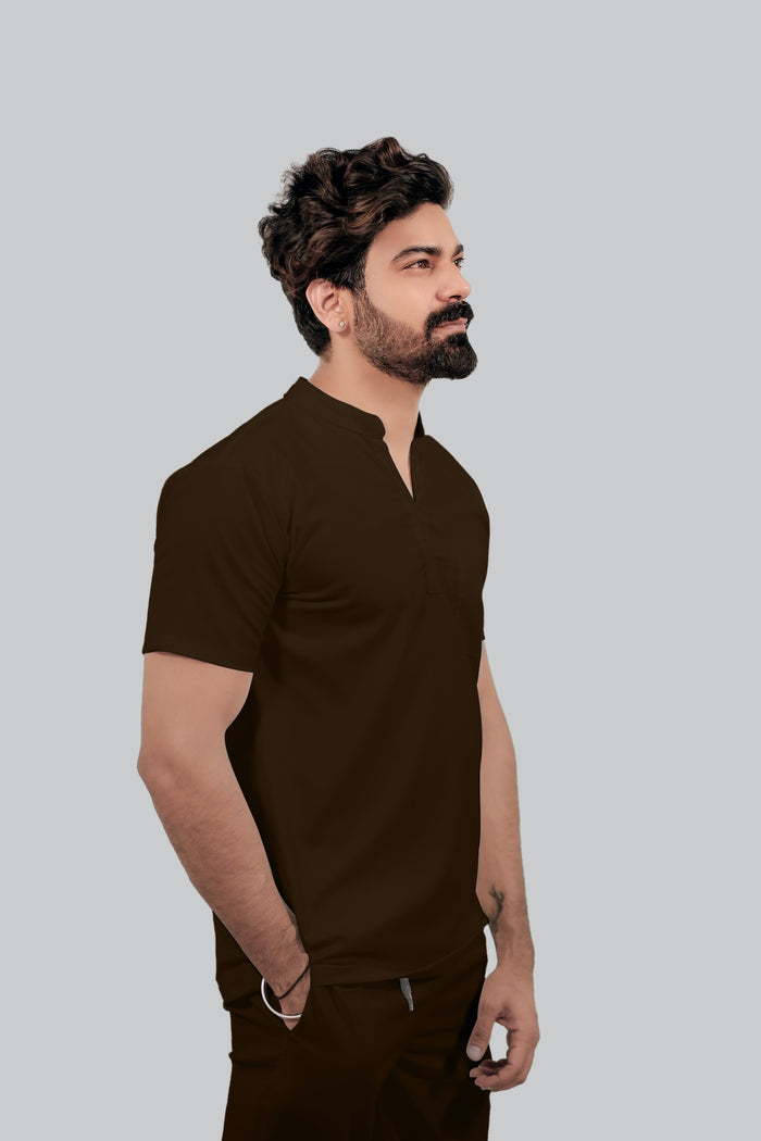 Stretchable (4Way) Men Brown Mandarin Neck with Jogger Scrub Set