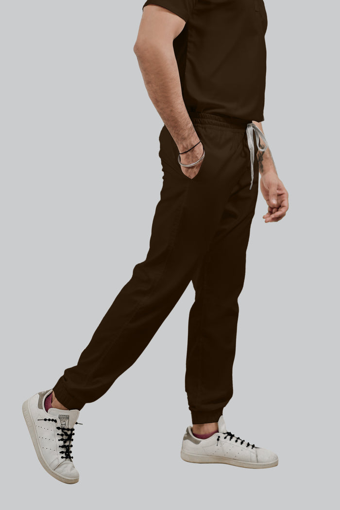 Stretchable (4Way) Men Brown Mandarin Neck with Jogger Scrub Set