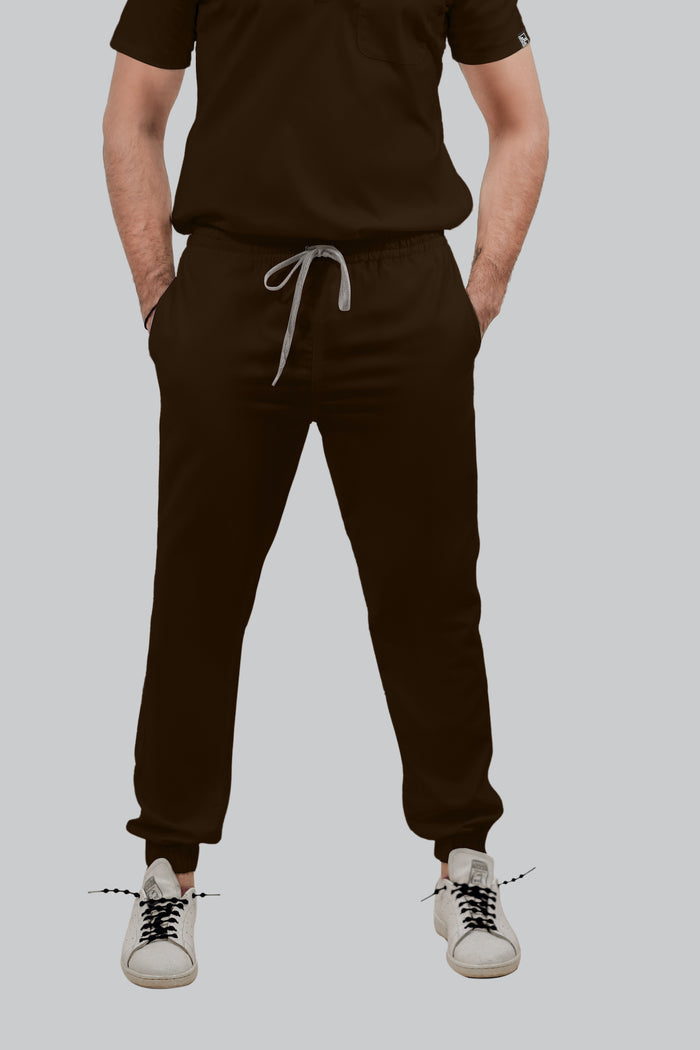 Stretchable (4Way) Men Brown Mandarin Neck with Jogger Scrub Set