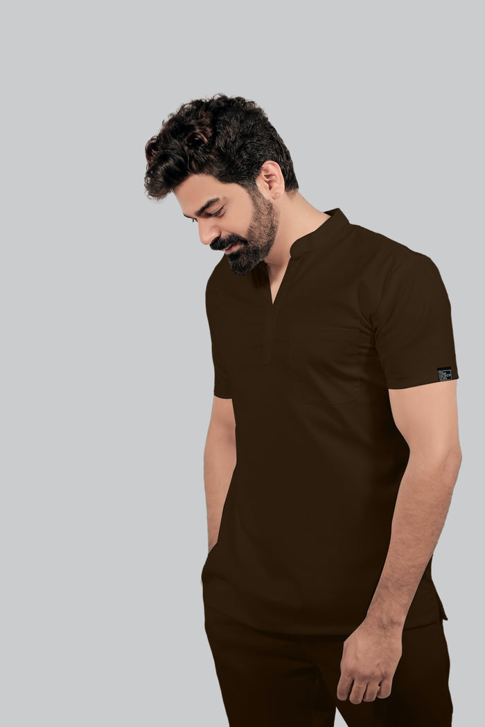 Stretchable (4Way) Men Brown Mandarin Neck with Jogger Scrub Set