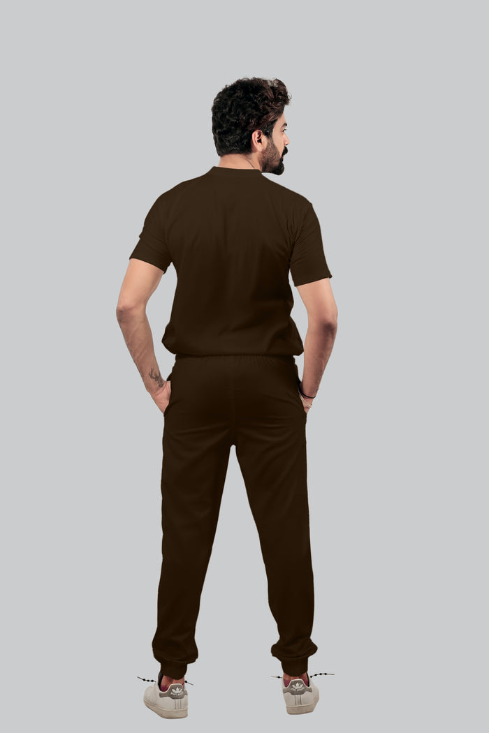 Stretchable (4Way) Men Brown Mandarin Neck with Jogger Scrub Set