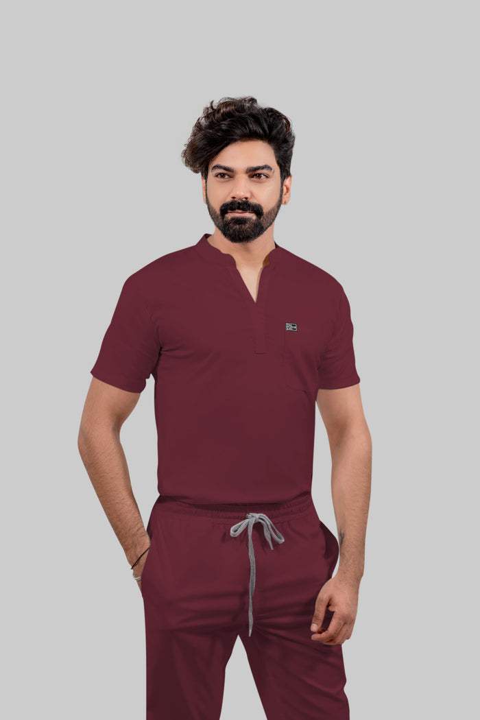 Stretchable (4Way) Men Burgundy Mandarin Neck with Jogger Scrub Set
