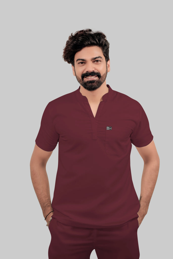 Stretchable (4Way) Men Burgundy Mandarin Neck with Jogger Scrub Set
