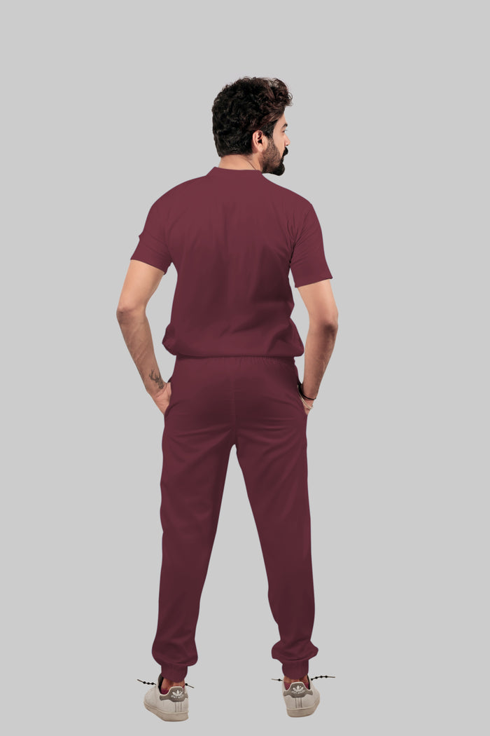 Stretchable (4Way) Men Burgundy Mandarin Neck with Jogger Scrub Set