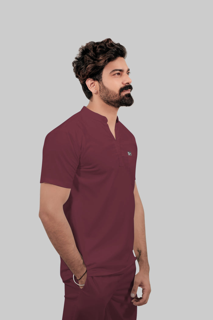Stretchable (4Way) Men Burgundy Mandarin Neck with Jogger Scrub Set
