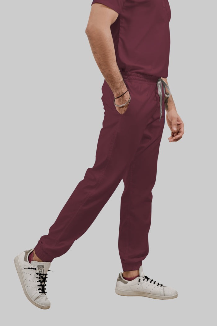 Stretchable (4Way) Men Burgundy Mandarin Neck with Jogger Scrub Set