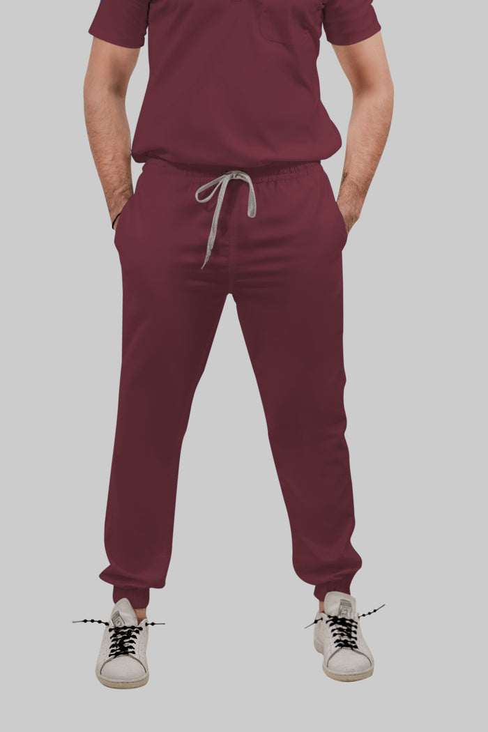 Stretchable (4Way) Men Burgundy Mandarin Neck with Jogger Scrub Set