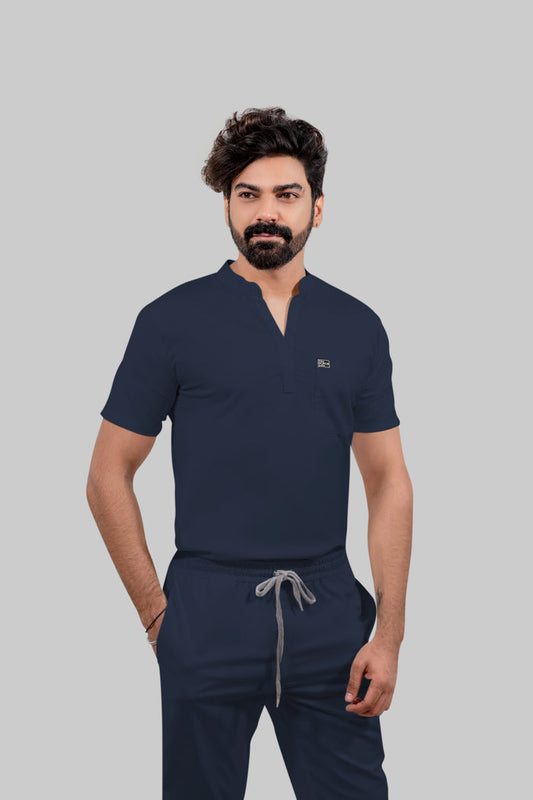 Stretchable (4Way) Men Navy Blue Mandarin Neck with Jogger Scrub Set