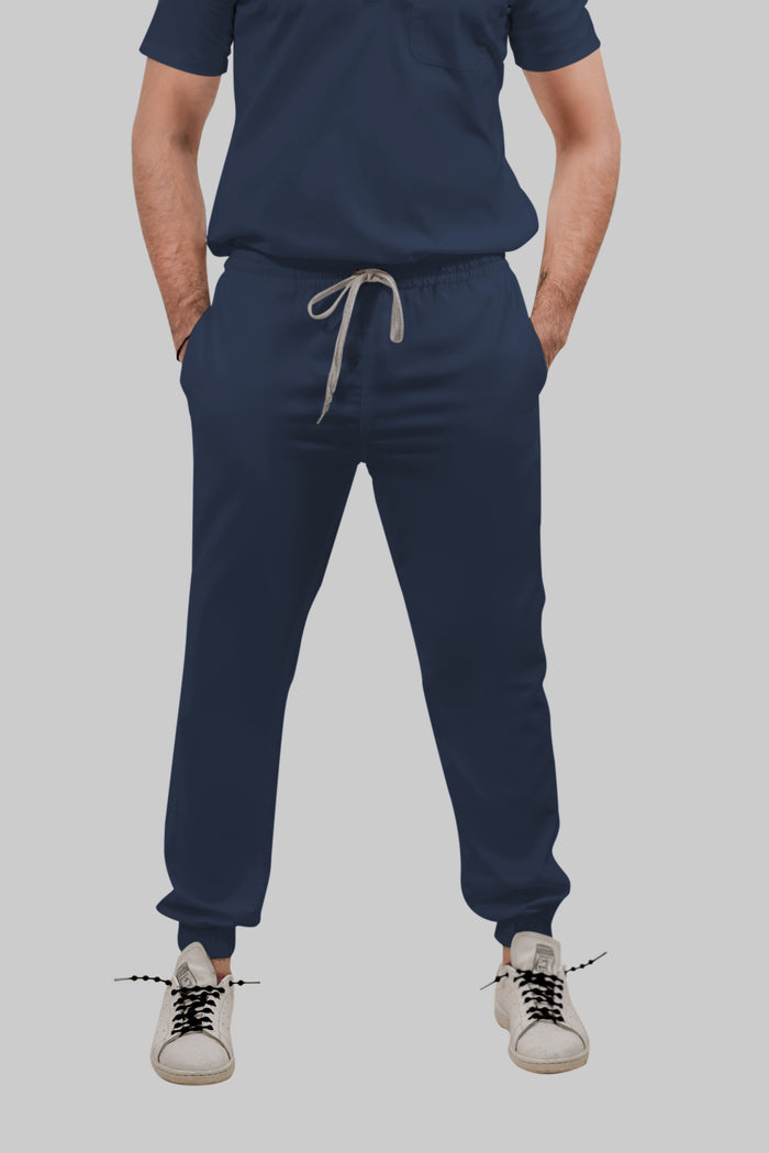 Stretchable (4Way) Men Navy Blue Mandarin Neck with Jogger Scrub Set