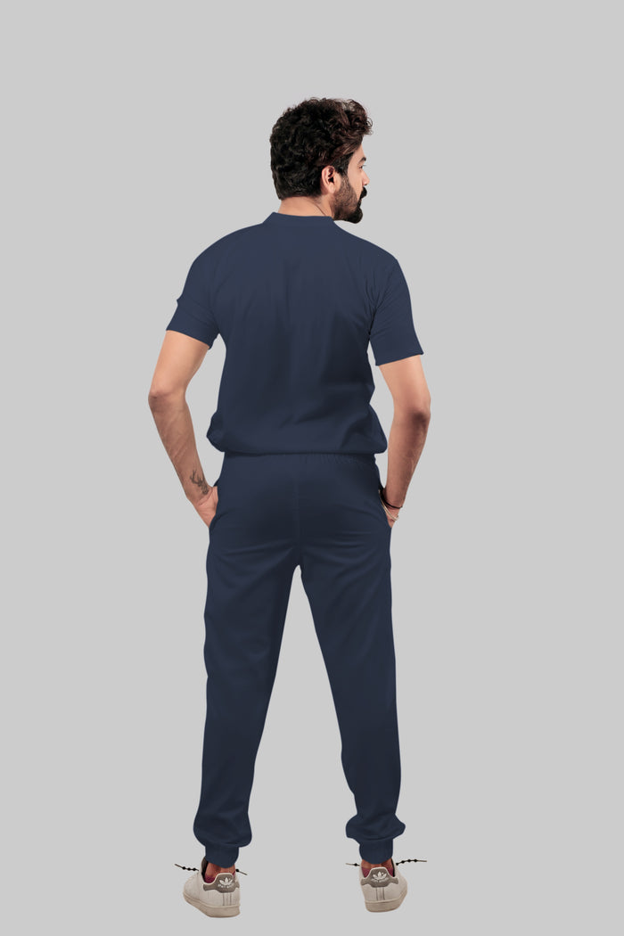 Stretchable (4Way) Men Navy Blue Mandarin Neck with Jogger Scrub Set
