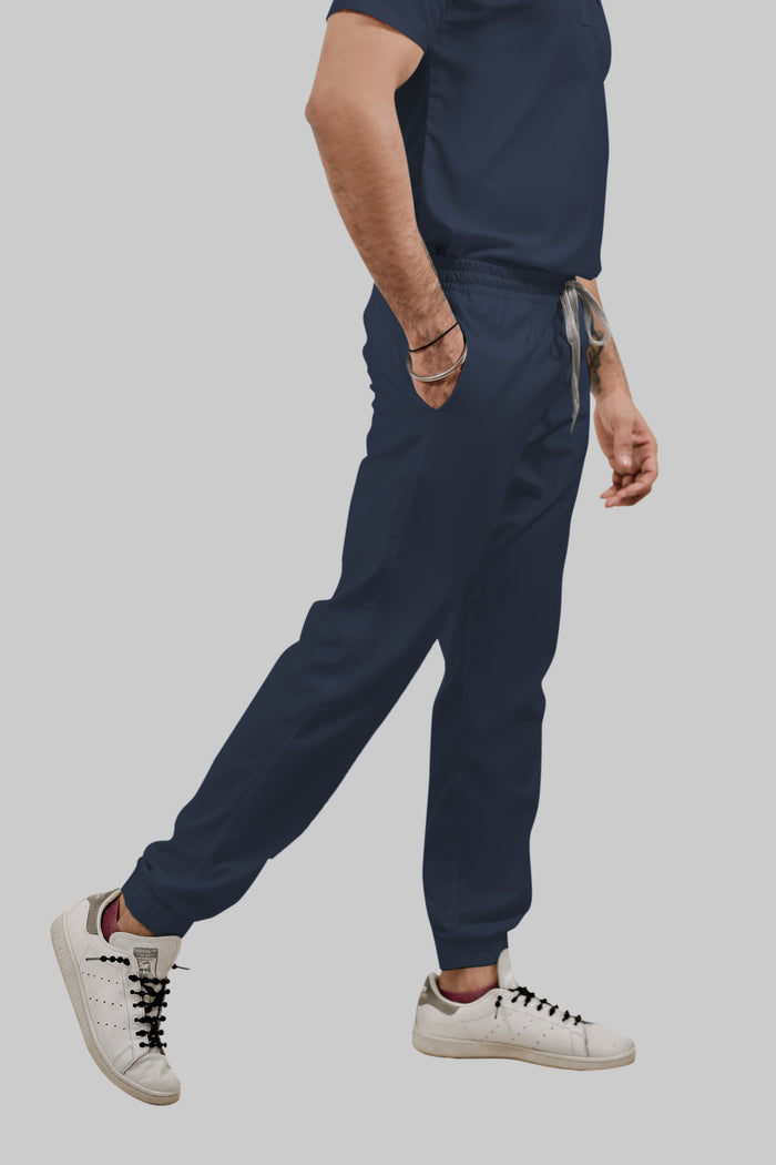 Stretchable (4Way) Men Navy Blue Mandarin Neck with Jogger Scrub Set