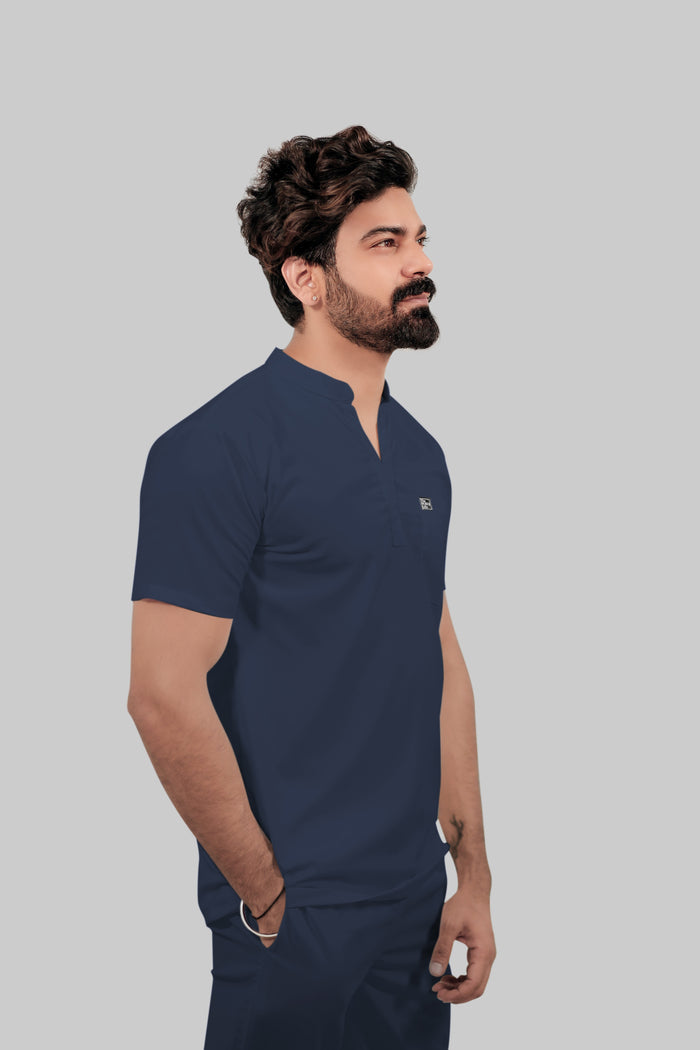 Stretchable (4Way) Men Navy Blue Mandarin Neck with Jogger Scrub Set