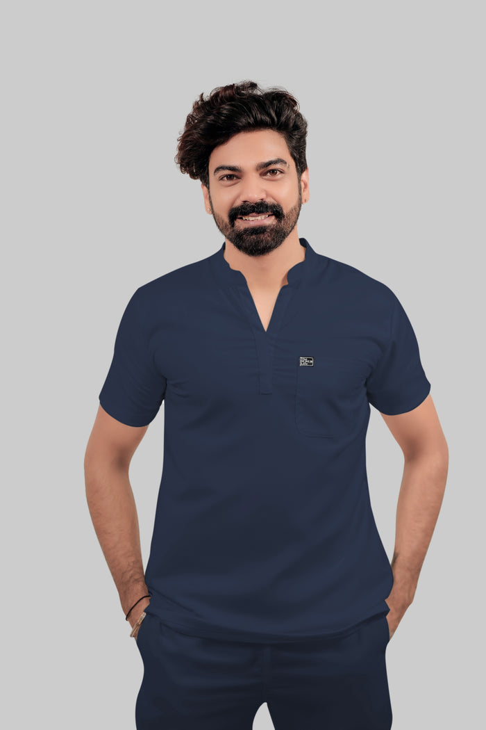 Stretchable (4Way) Men Navy Blue Mandarin Neck with Jogger Scrub Set