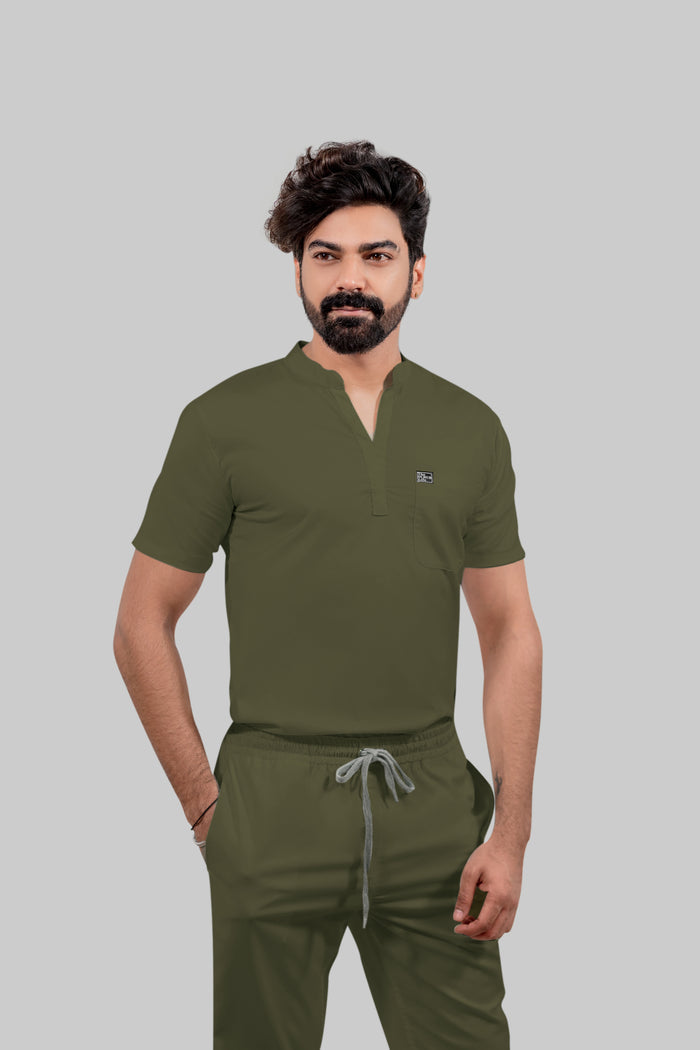 Stretchable (4Way) Men Olive Green Mandarin Neck with Jogger Scrub Set